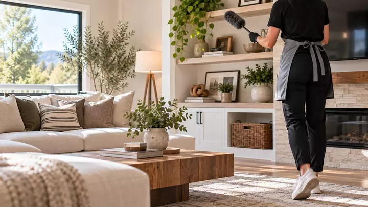 A cleaner dusting shelves in a bright living room